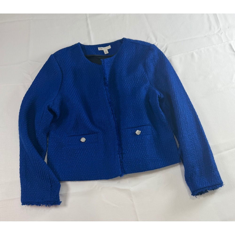 Cato Royal Blue Tweed Jacket Womens XL Open Front Frayed Trim Cropped Blazer - Picture 2 of 9